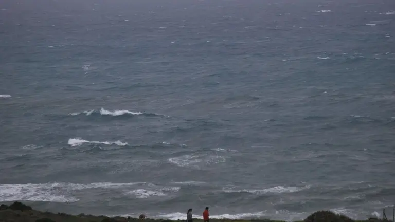 Dos personas pasean a un perro por el Faro.