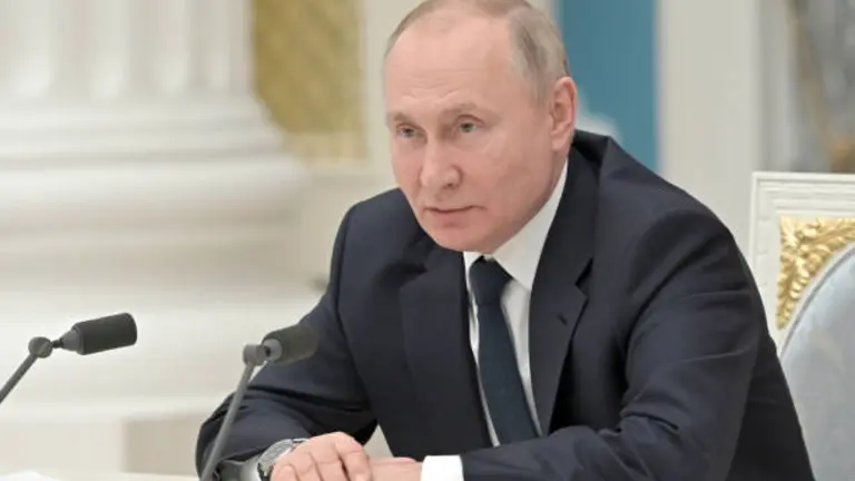 MOSCOW, RUSSIA - FEBRUARY 24, 2022: Russia's President Vladimir Putin is seen during a meeting with members of Russian business community in the Moscow Kremlin. Alexei Nikolsky/Russian Presidential Press and Information Office/TASS (Photo by Alexei Nikolsky\TASS via Getty Images)